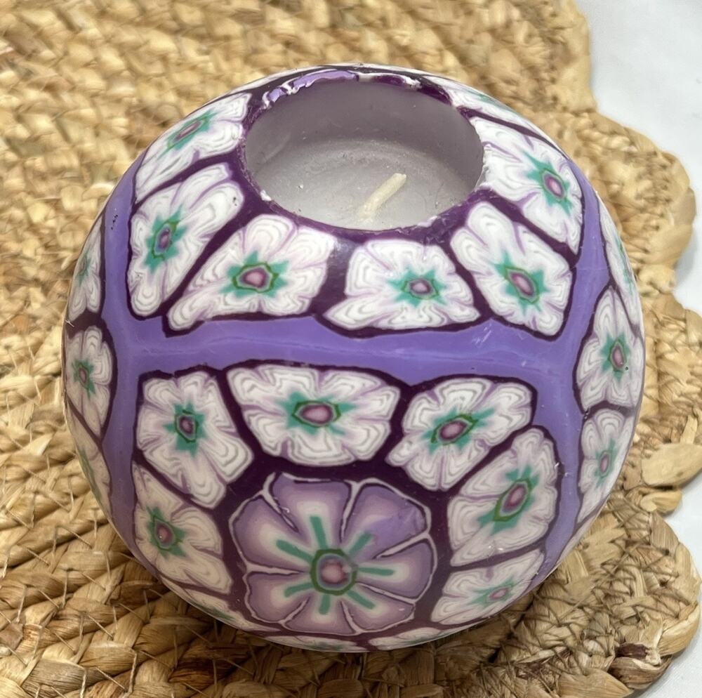 Vintage 90s 4” Lavender Purple Teal White Millefiori Candle Glow Psychedelic